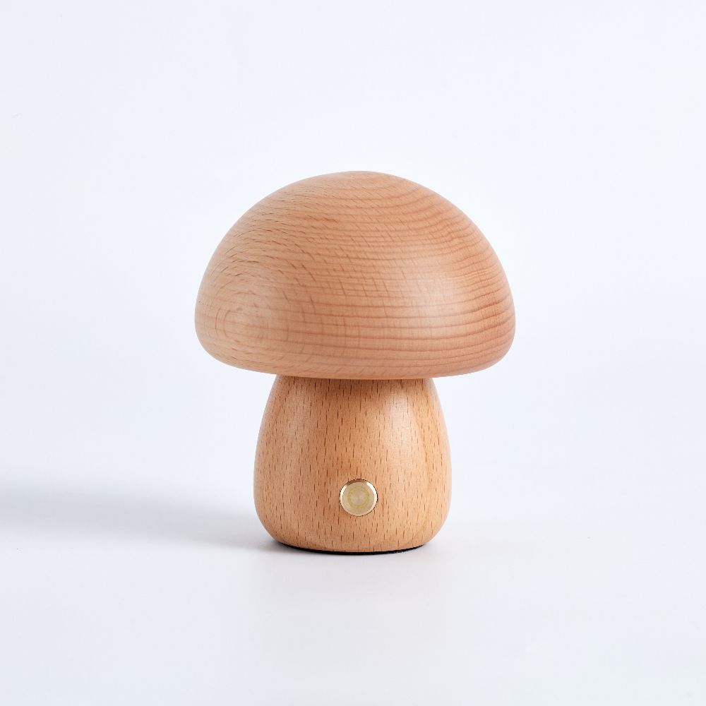 Wooden mushroom-shaped lamp on a white background