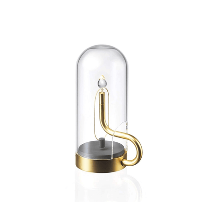 Decorative item with a gold handle and clear glass cover on a white background