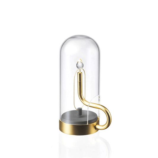Decorative item with a gold handle and clear glass cover on a white background