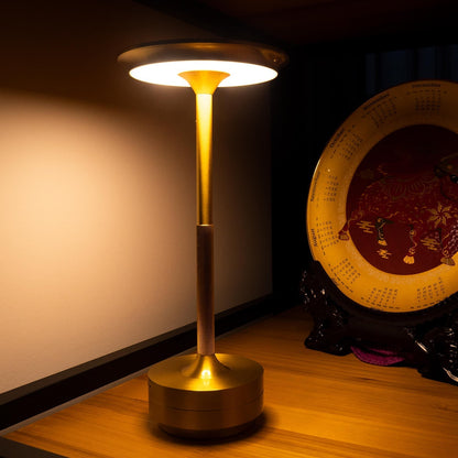 Gold floor lamp on a wooden floor with a decorative plate in the background